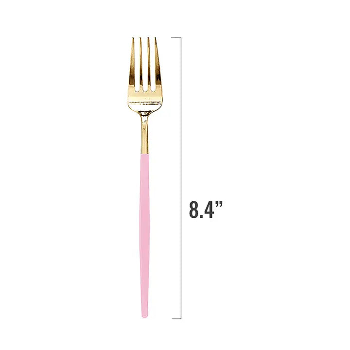 Gold with pink handle disposable dinner fork modern style for celebration from Parte Haus party supply store in Bethesda MD