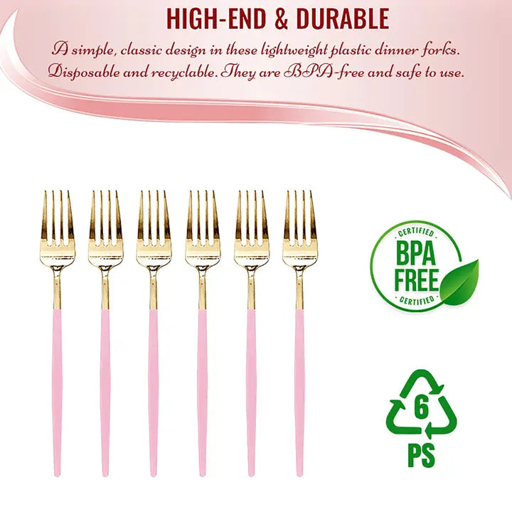 Gold with pink handle disposable dinner forks in modern style for elegant occasions from Parte Haus party supply store in Bethesda MD