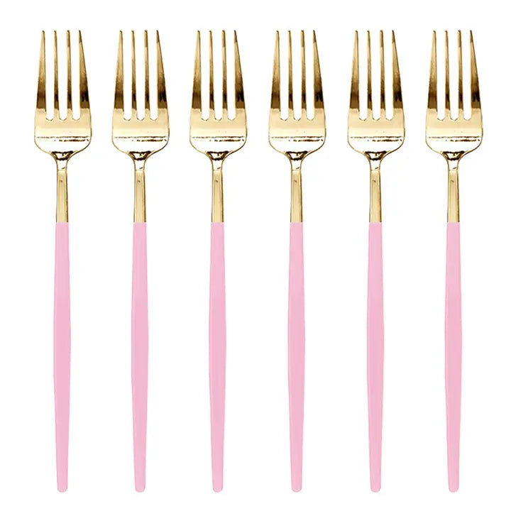 Gold with pink handle modern disposable dinner forks for elegant occasions from Parte Haus party supply store in Bethesda MD