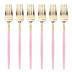 Gold with pink handle modern disposable dinner forks for elegant occasions from Parte Haus party supply store in Bethesda MD