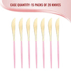 Gold with pink handle modern disposable dinner knives for elegant events from Parte Haus party supply store in Bethesda Maryland