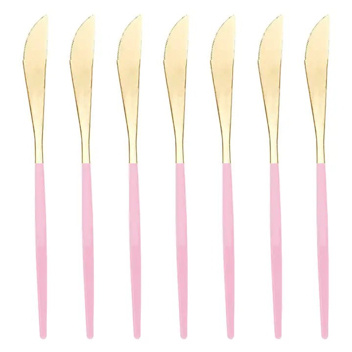 Gold and pink modern disposable dinner knives elegant tableware for celebrations from Parte Haus party supply store in Bethesda MD