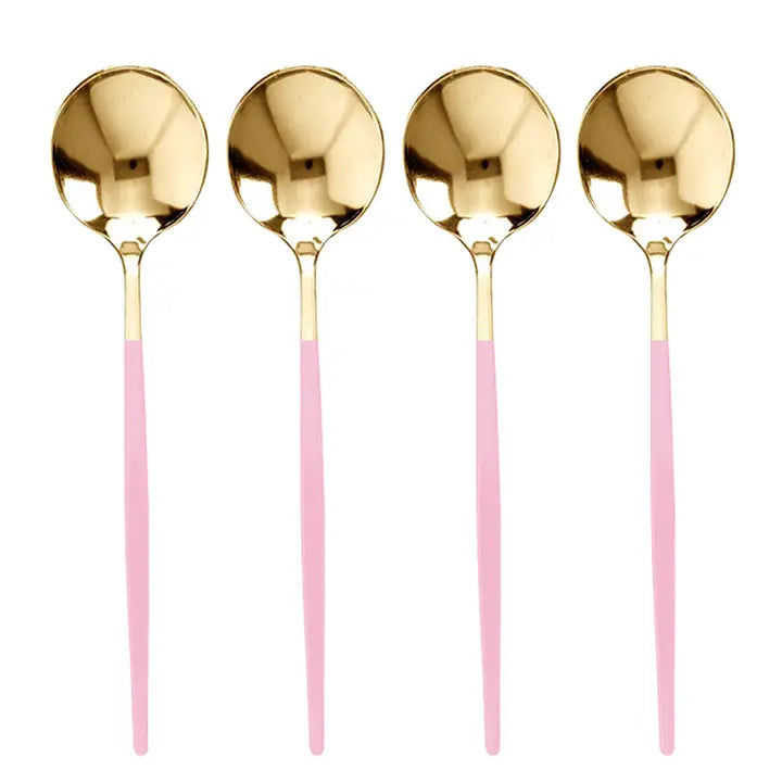 Gold with pink handle disposable spoons modern elegant look birthday theme from Parte Haus party supply store in Bethesda Maryland