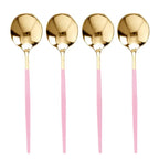 Gold with pink handle disposable spoons modern elegant look birthday theme from Parte Haus party supply store in Bethesda Maryland