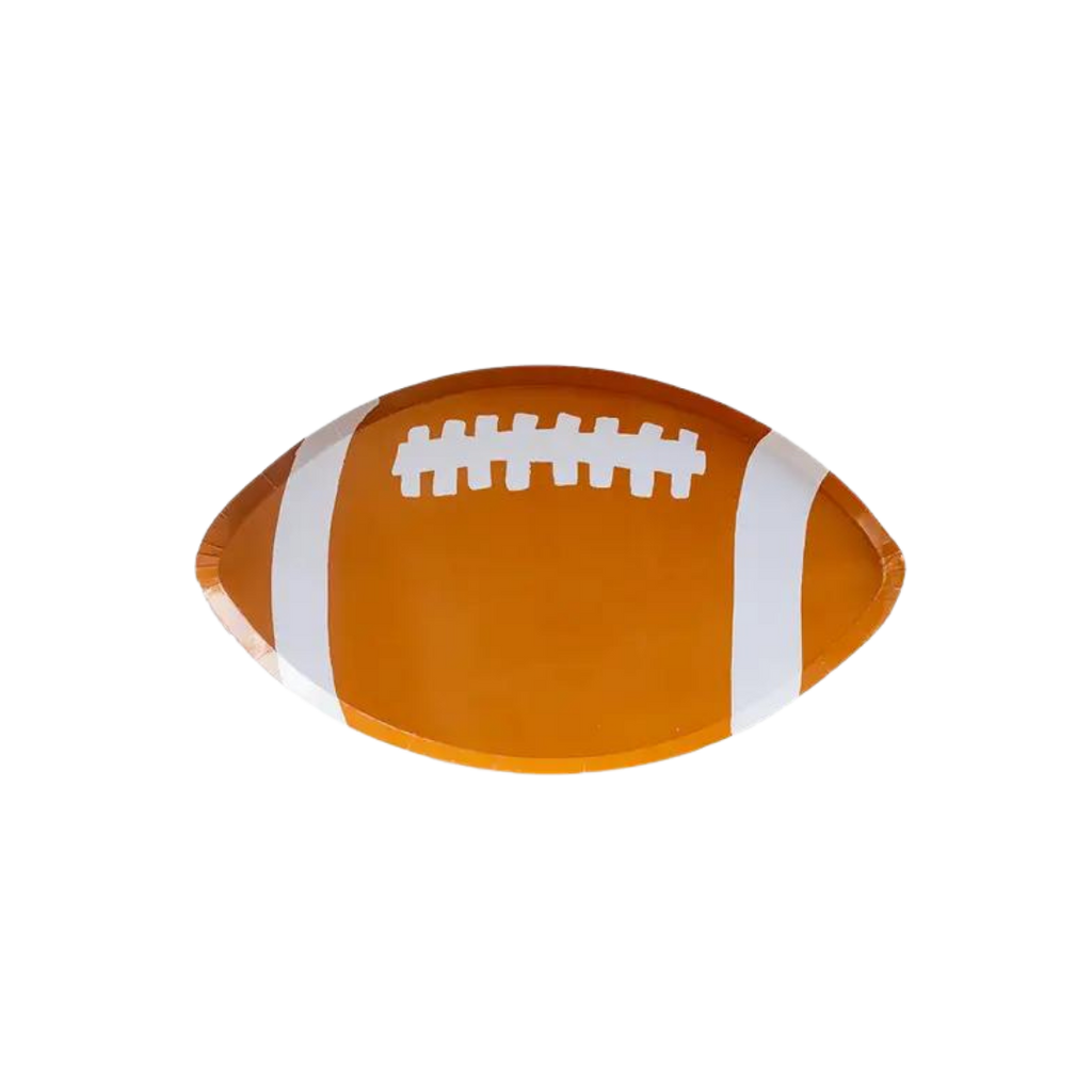 brown football shaped plate with white details sports party theme from Parte Haus party supply store in Bethesda MD