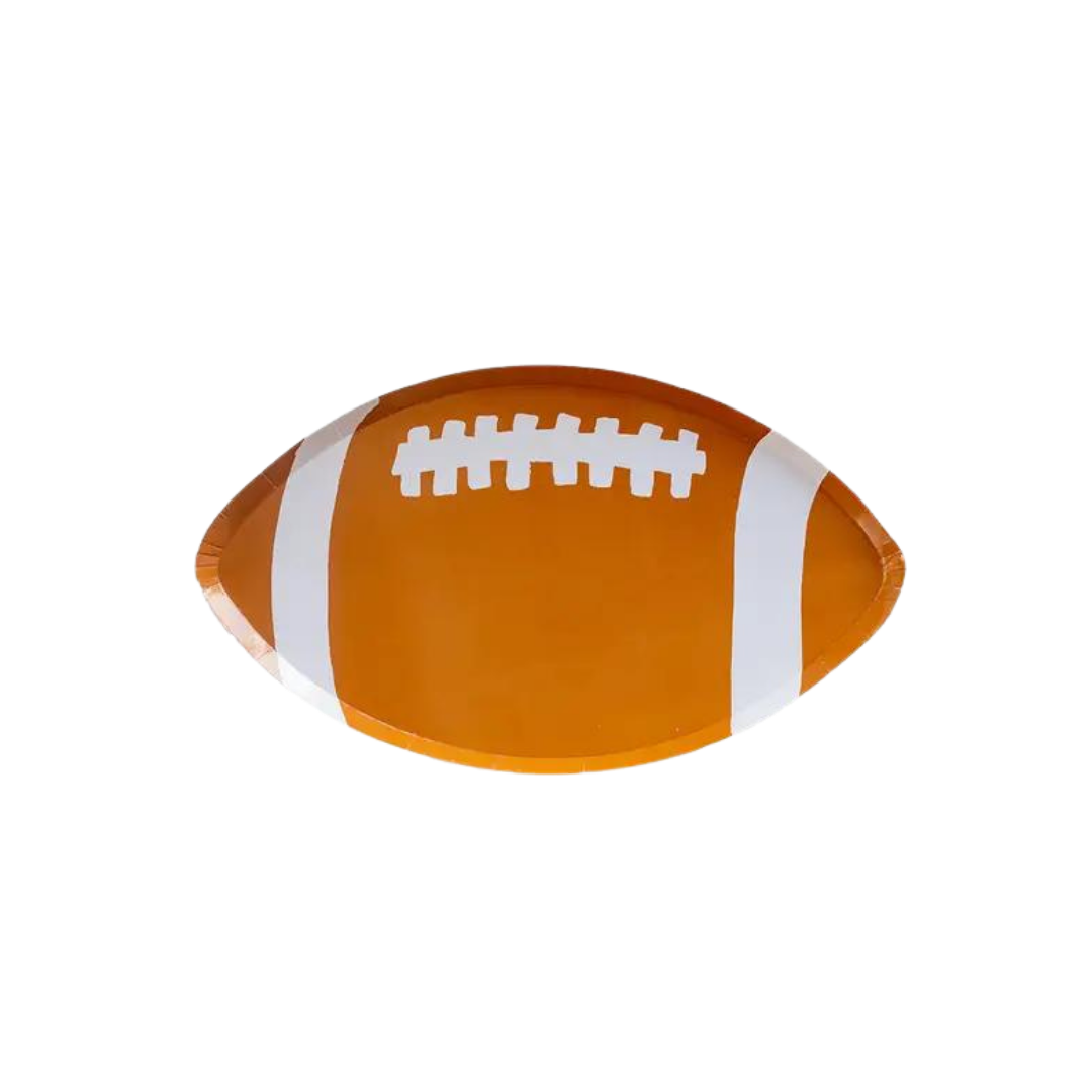 brown football shaped plate with white details sports party theme from Parte Haus party supply store in Bethesda MD