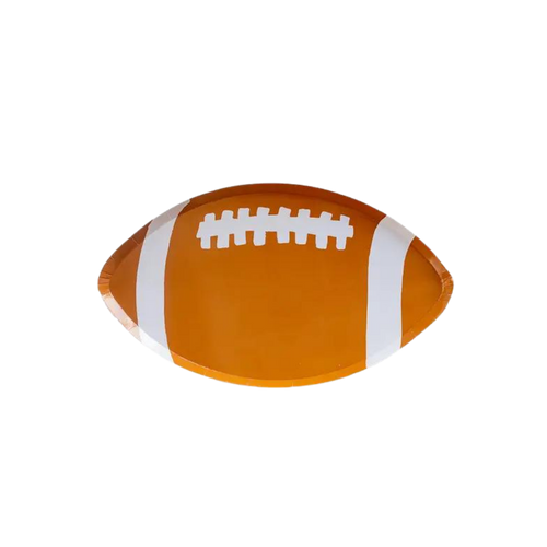 brown football shaped plate with white details sports party theme from Parte Haus party supply store in Bethesda MD