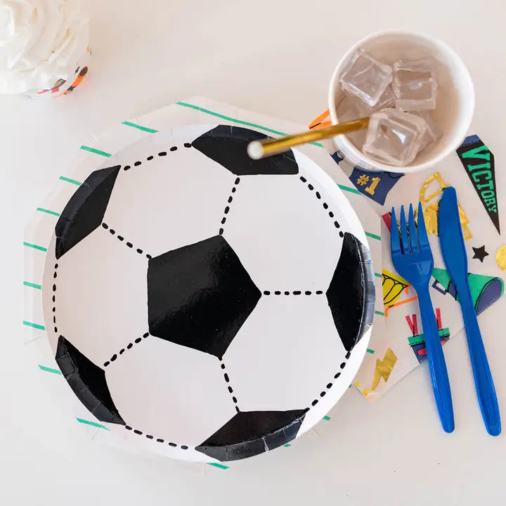 black and white soccer ball plate with soccer theme design for kids birthday from Parte Haus party supply store in Bethesda Maryland