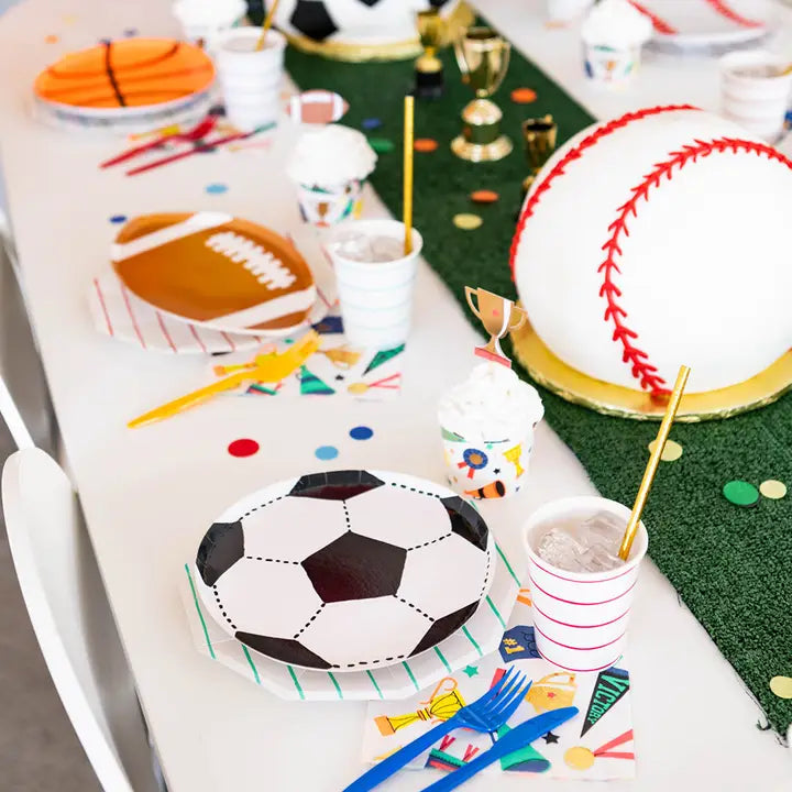 Black and white soccer ball paper plates sports birthday table from Parte Haus party supply store in Bethesda MD