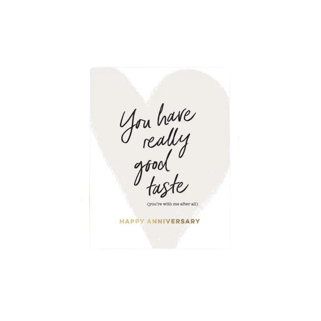 White anniversary greeting card with gold text and heart design anniversary theme from Parte Haus party supply store in Bethesda MD