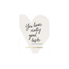White anniversary greeting card with gold text and heart design anniversary theme from Parte Haus party supply store in Bethesda MD