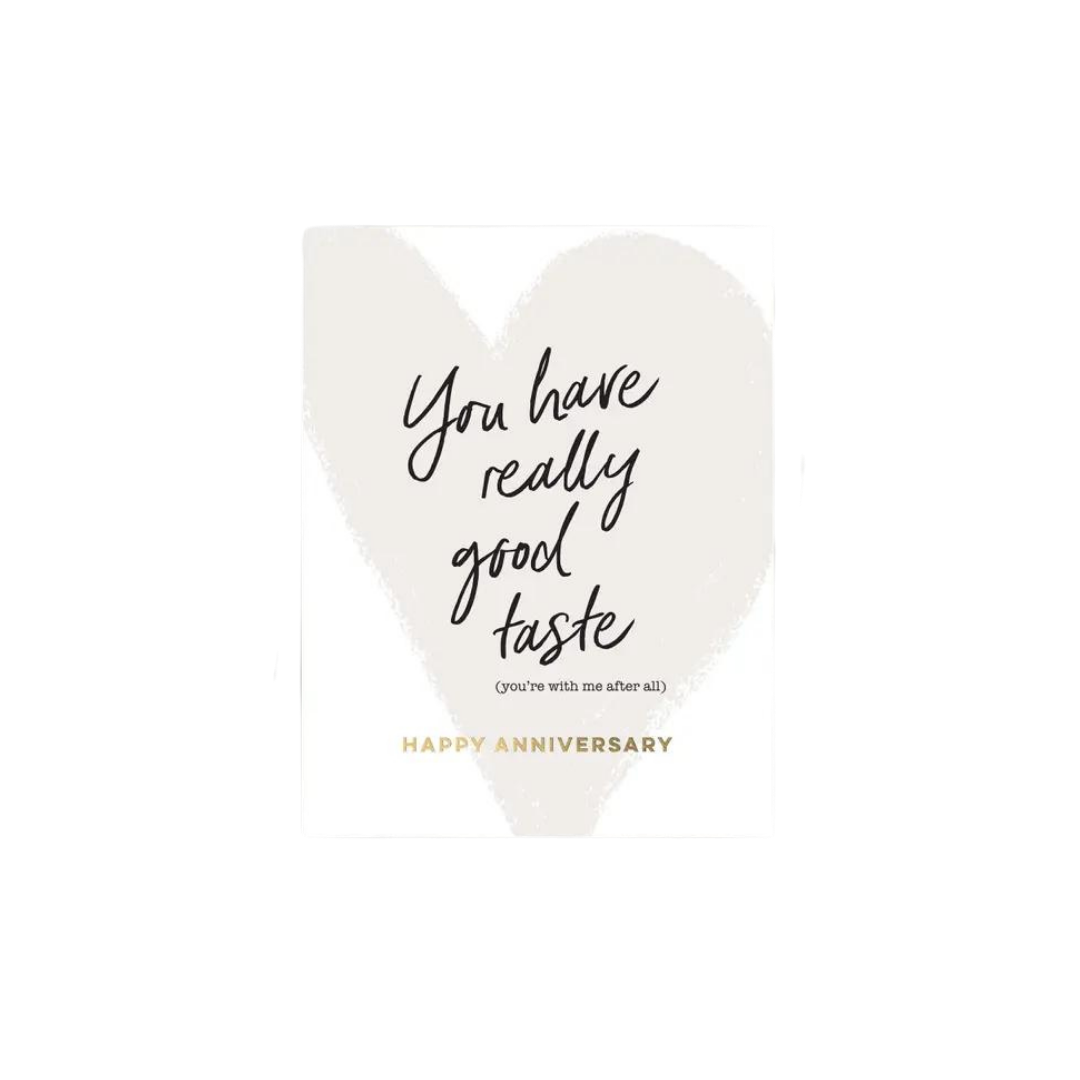 White anniversary greeting card with gold text and heart design anniversary theme from Parte Haus party supply store in Bethesda MD