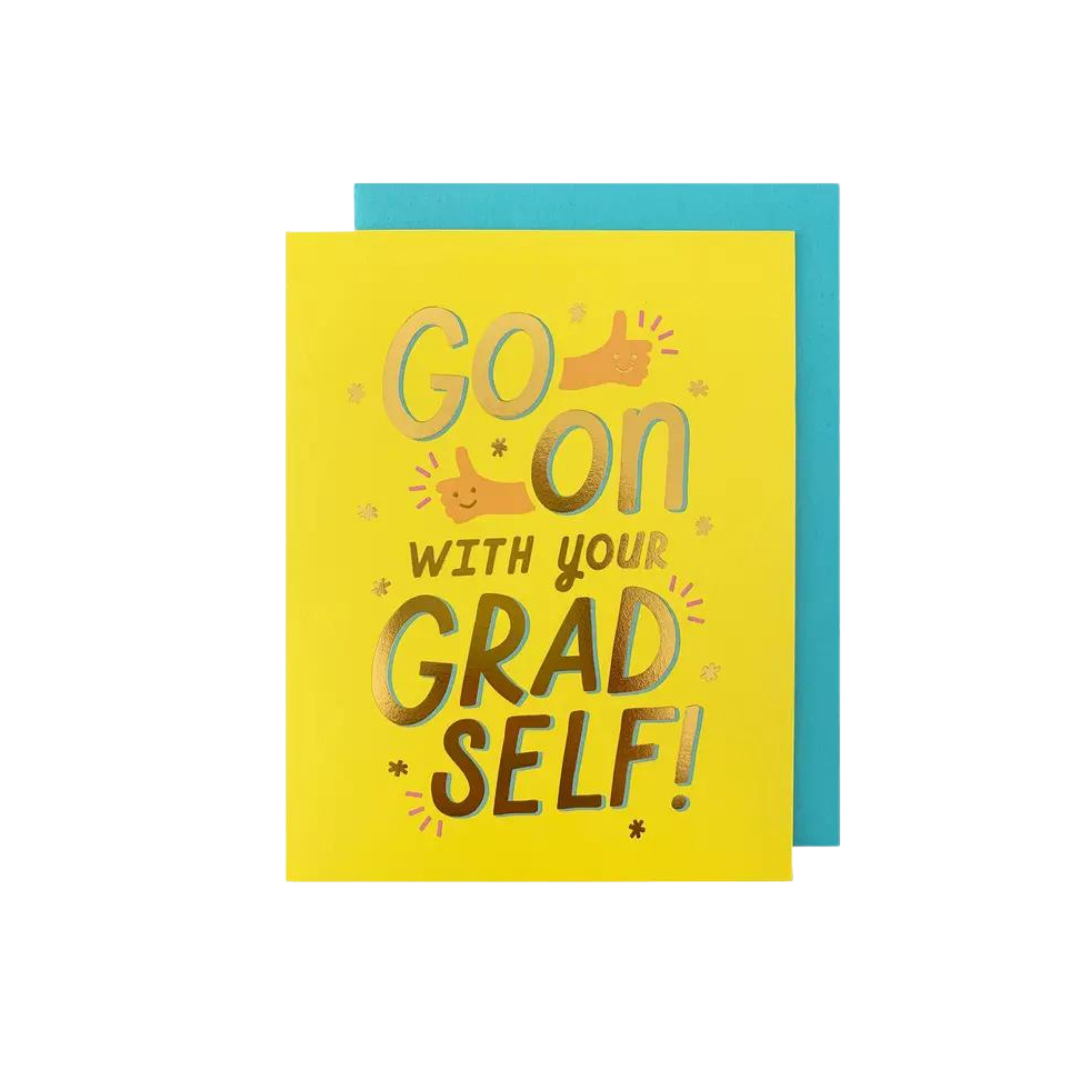 Yellow and teal graduation card with Go On With Your Grad Self text Graduation from Parte Haus party supply store in Bethesda MD