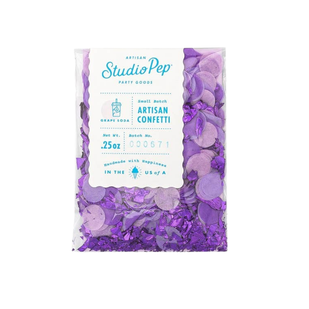 Purple grape soda artisan confetti with round and shred shapes celebration theme from Parte Haus party supply store in Bethesda Maryland