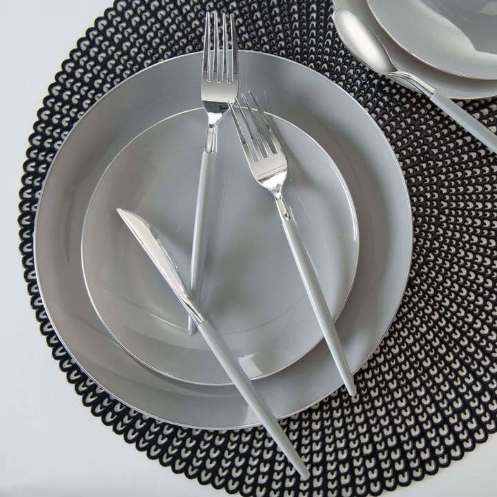 Gray and Silver Rimmed Reusable Plates - 2 Sizes