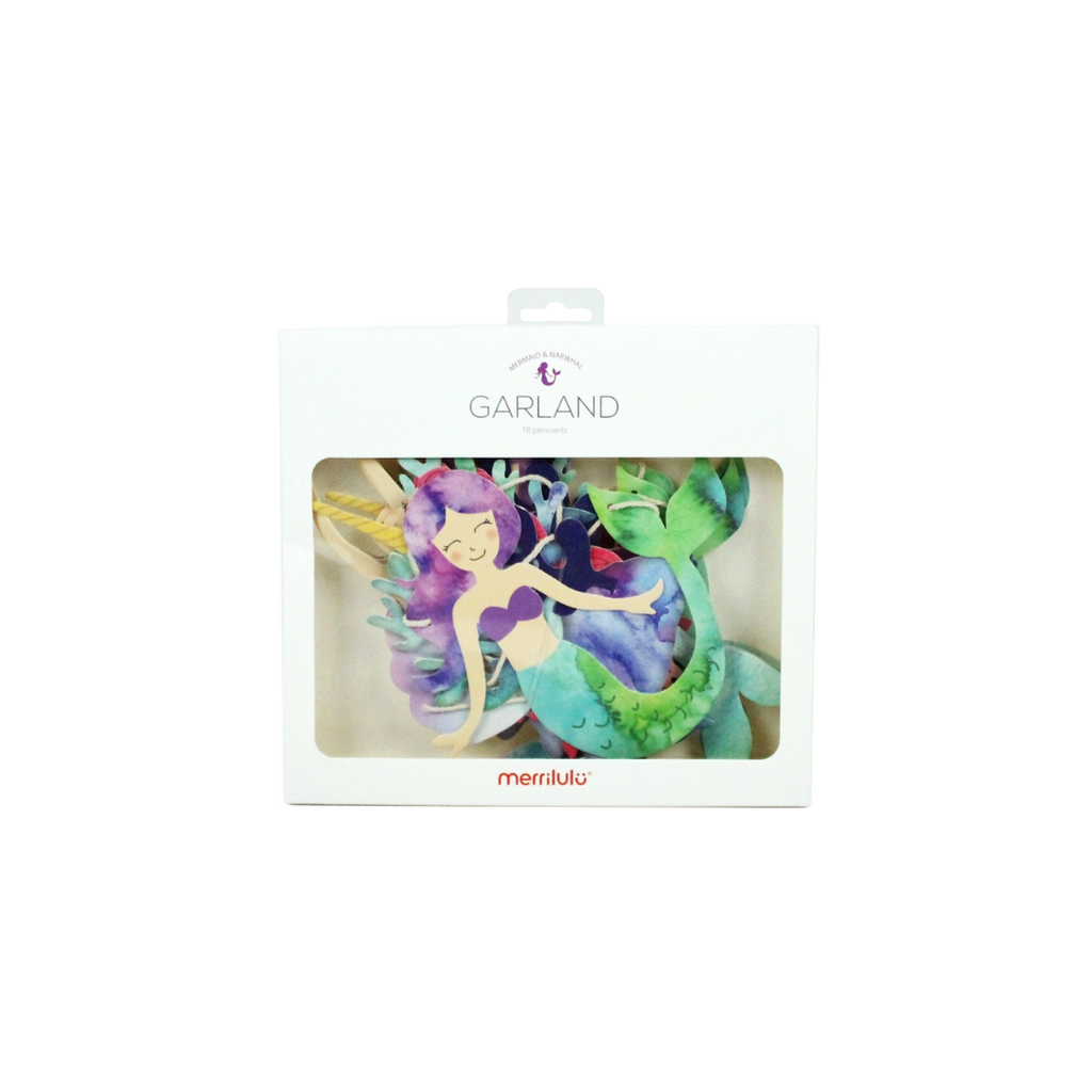 Green mermaid and narwhal garland featuring colorful mermaid design under the sea theme from Parte Haus party supply store in Bethesda Maryland