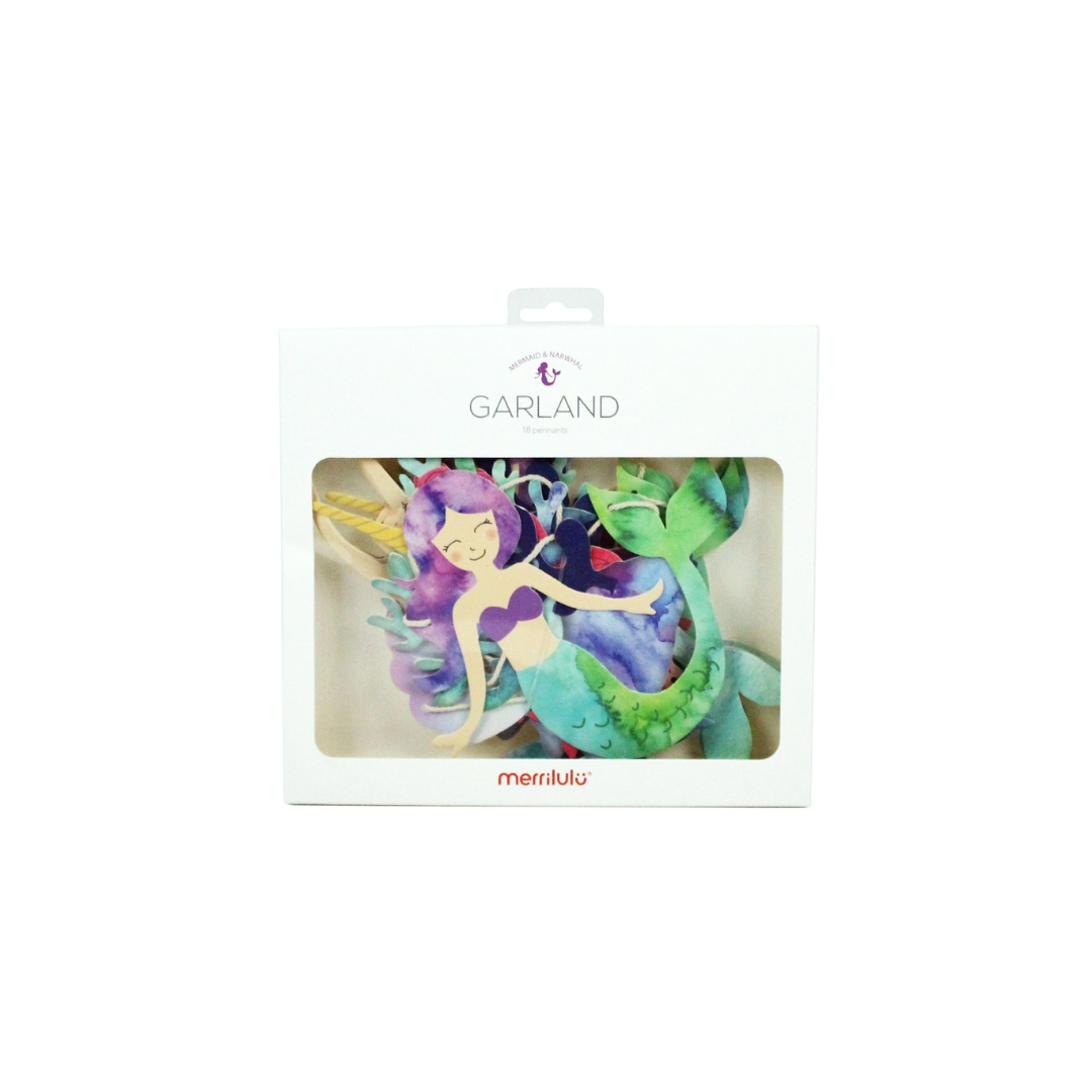 Green mermaid and narwhal garland featuring colorful mermaid design under the sea theme from Parte Haus party supply store in Bethesda Maryland