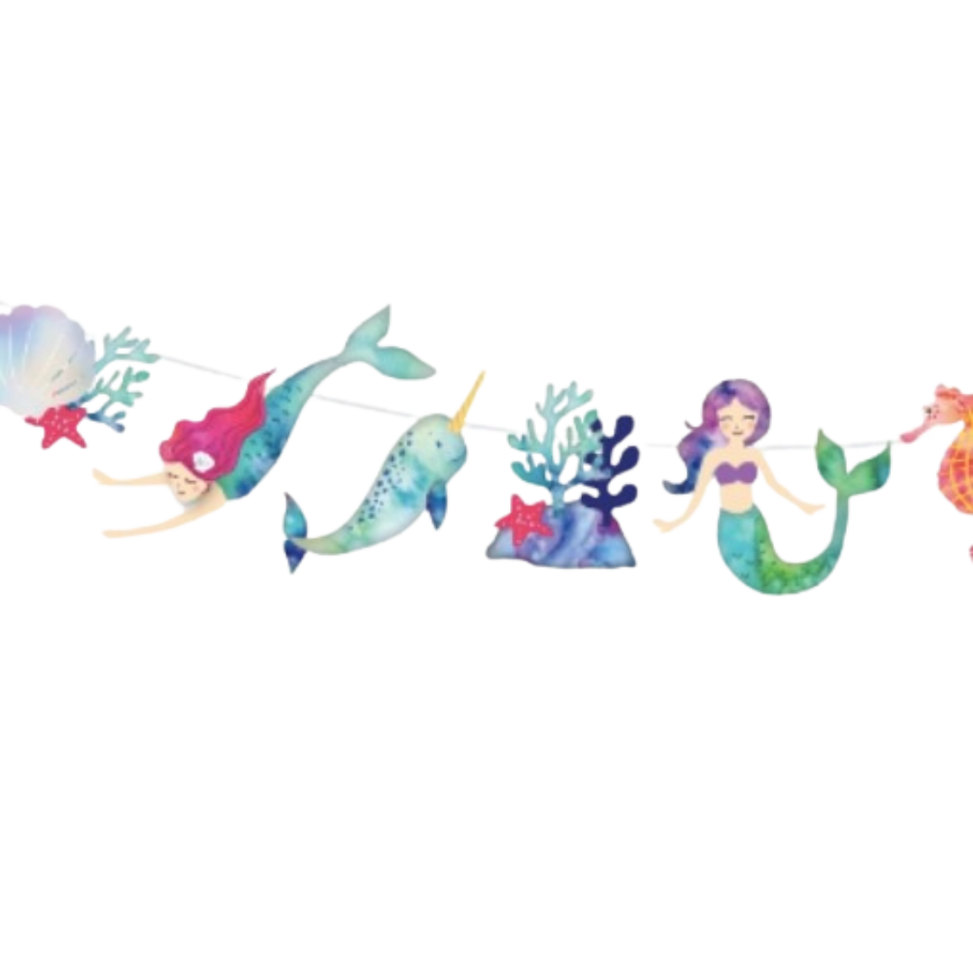 Green mermaid and narwhal garland with ocean creatures for under the sea theme from Parte Haus party supply store in Bethesda MD