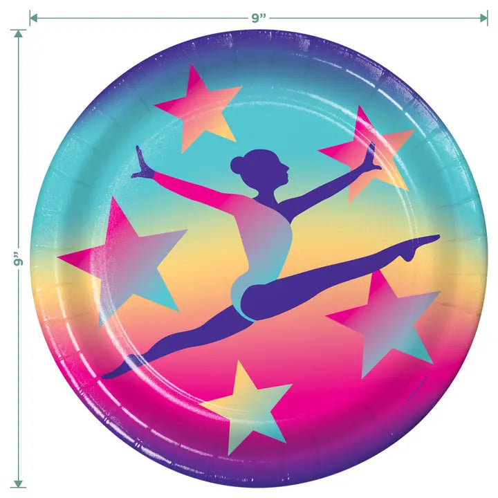 Rainbow gymnastics paper plate with leaping gymnast and stars gymnastics birthday theme from Parte Haus party supply store in Bethesda MD.