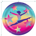Rainbow gymnastics paper plate with leaping gymnast and stars gymnastics birthday theme from Parte Haus party supply store in Bethesda MD.