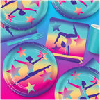 Rainbow gymnastics paper plates and napkins with stars birthday theme from Parte Haus party supply store in Bethesda Maryland