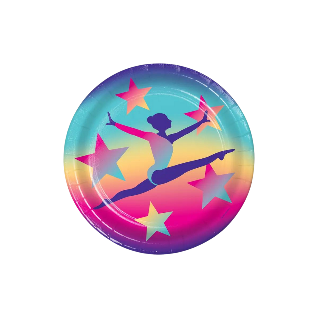Rainbow gymnastics paper plate with gymnast and stars birthday theme from Parte Haus party supply store in Bethesda, MD.