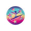 Rainbow gymnastics paper plate with gymnast and stars birthday theme from Parte Haus party supply store in Bethesda, MD.
