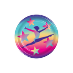 Rainbow gymnastics paper plate with gymnast and stars birthday theme from Parte Haus party supply store in Bethesda, MD.