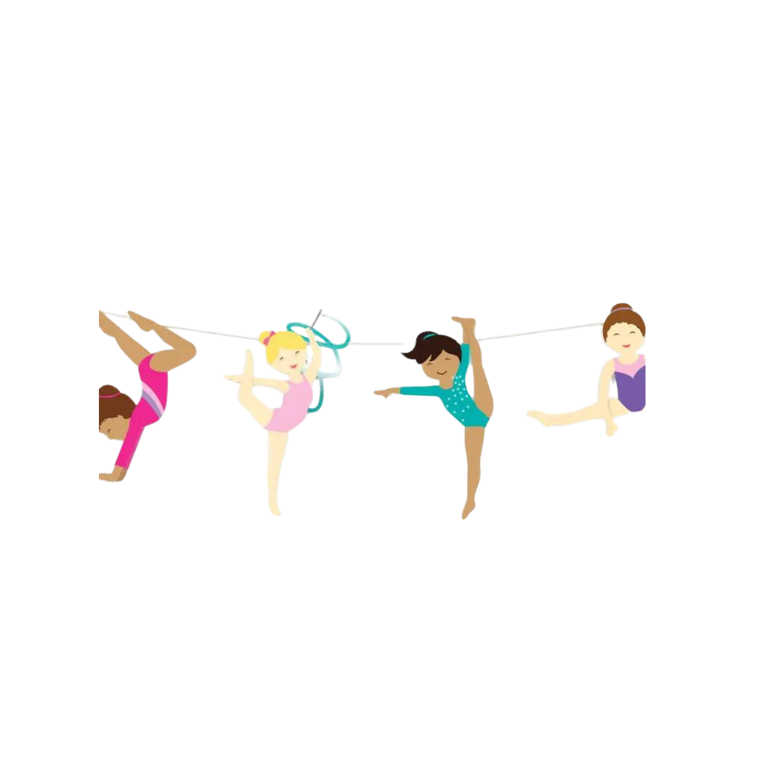 Colorful gymnastics garland with girls in leotards for gymnastics birthday from Parte Haus party supply store in Bethesda Maryland
