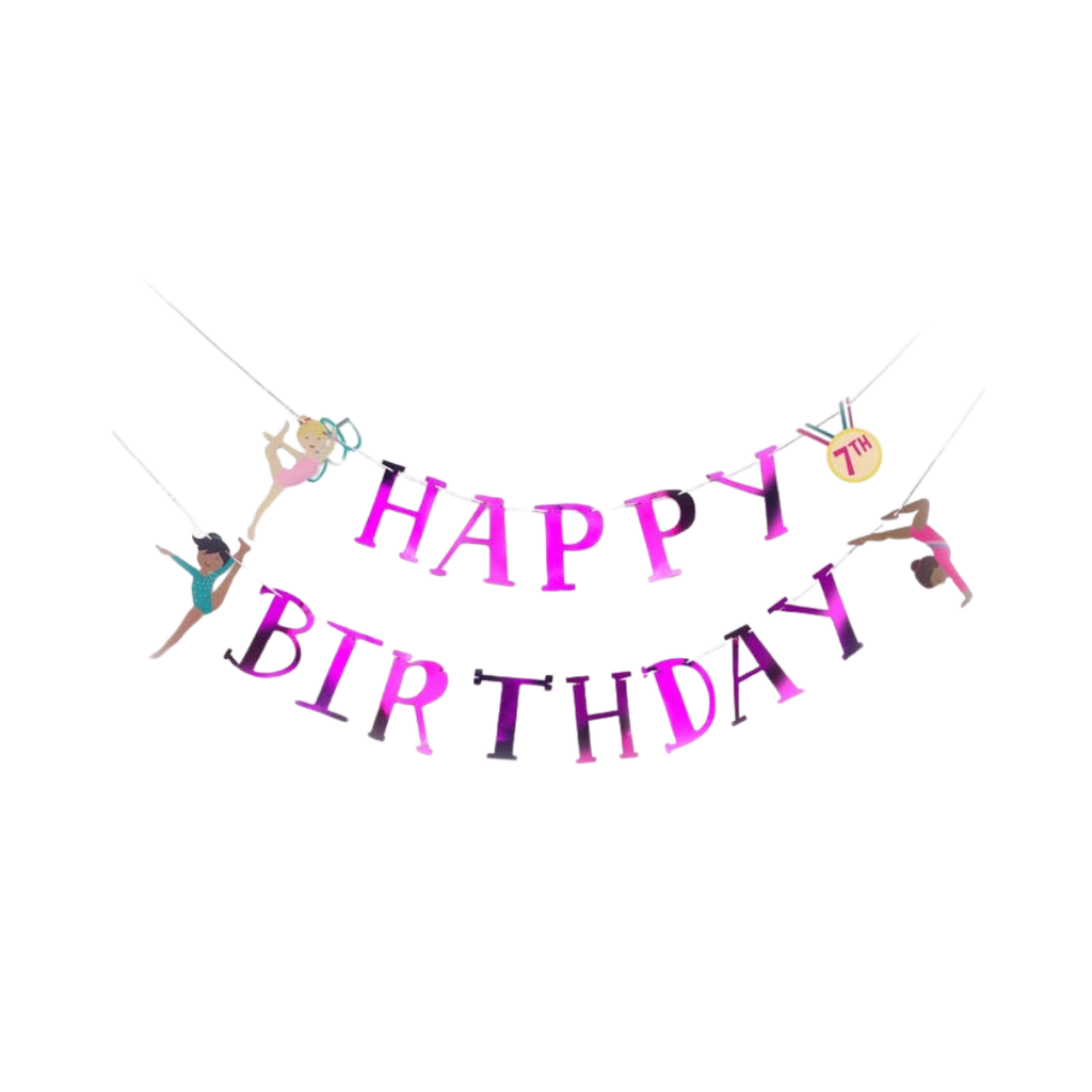 Pink gymnastics birthday banner with gymnast cutouts for gymnastics party from Parte Haus party supply store in Bethesda MD