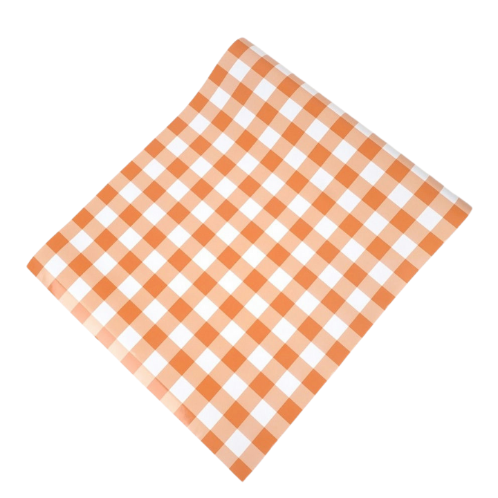 Orange checkered table cover picnic theme from Parte Haus party supply store in Bethesda MD