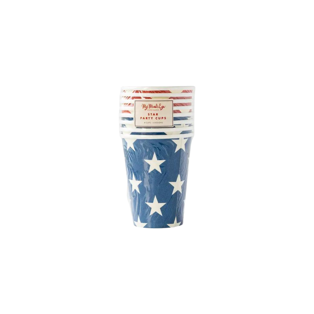red and blue star paper cups with patriotic design Fourth of July from Parte Haus party supply store in Bethesda Maryland