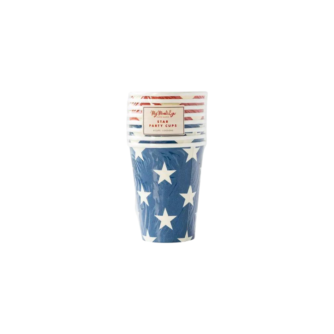red and blue star paper cups with patriotic design Fourth of July from Parte Haus party supply store in Bethesda Maryland