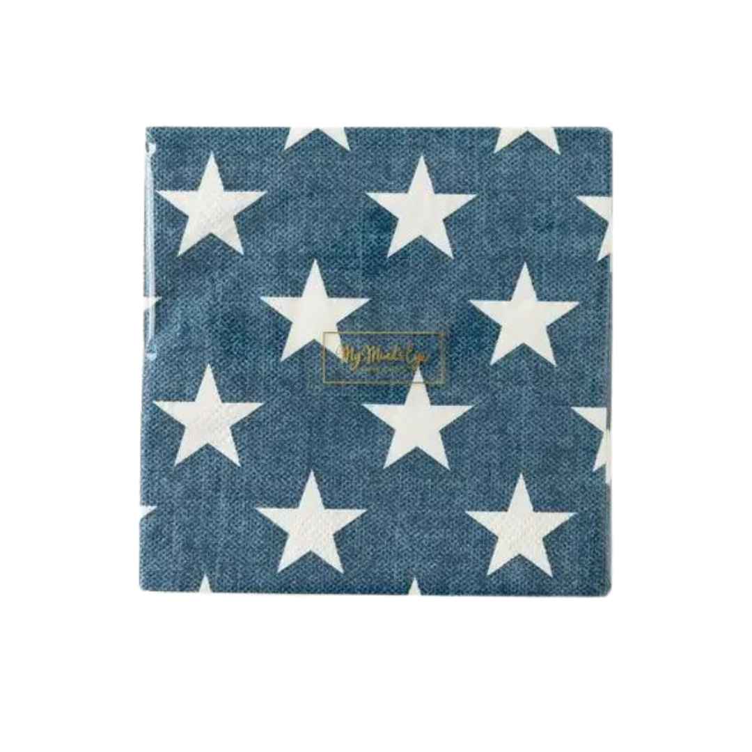 Navy star cocktail napkin with white stars patriotic theme from Parte Haus party supply store in Bethesda MD