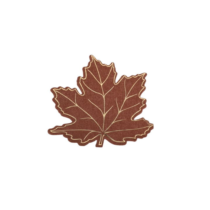 Brown maple leaf shaped napkin with gold accents autumn theme from Parte Haus party supply store in Bethesda Maryland