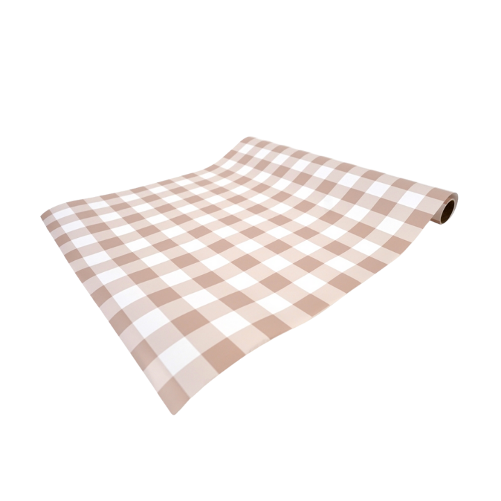 Beige gingham table runner with checkered design picnic theme from Parte Haus party supply store in Bethesda MD