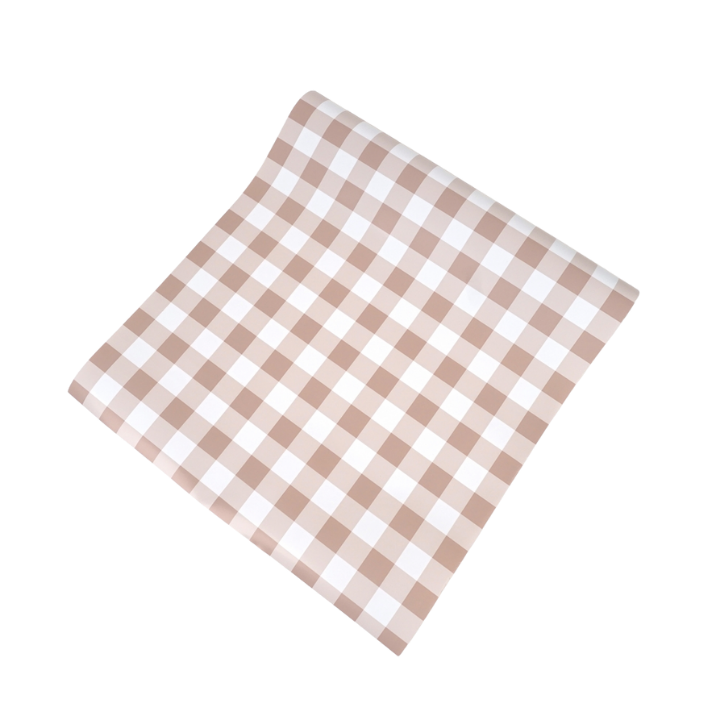 Tan gingham table cover rectangular farmhouse decor from Parte Haus party supply store in Bethesda MD