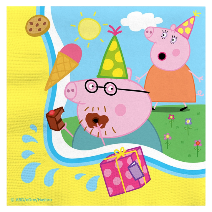 Yellow Peppa Pig napkin with Daddy Pig party hat chocolate gift for birthday from Parte Haus party supply store in Bethesda MD
