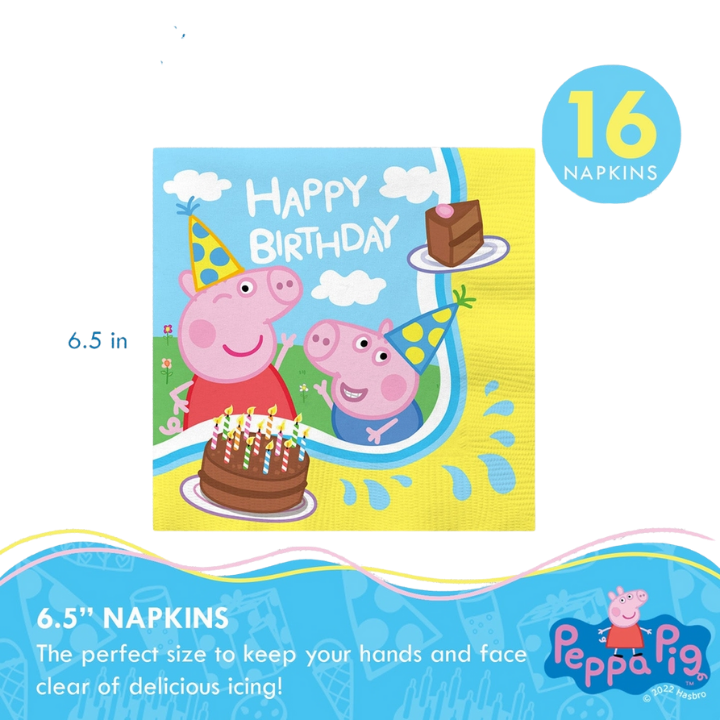 Blue Peppa Pig birthday napkin with cake and characters for kids birthday from Parte Haus party supply store in Bethesda MD