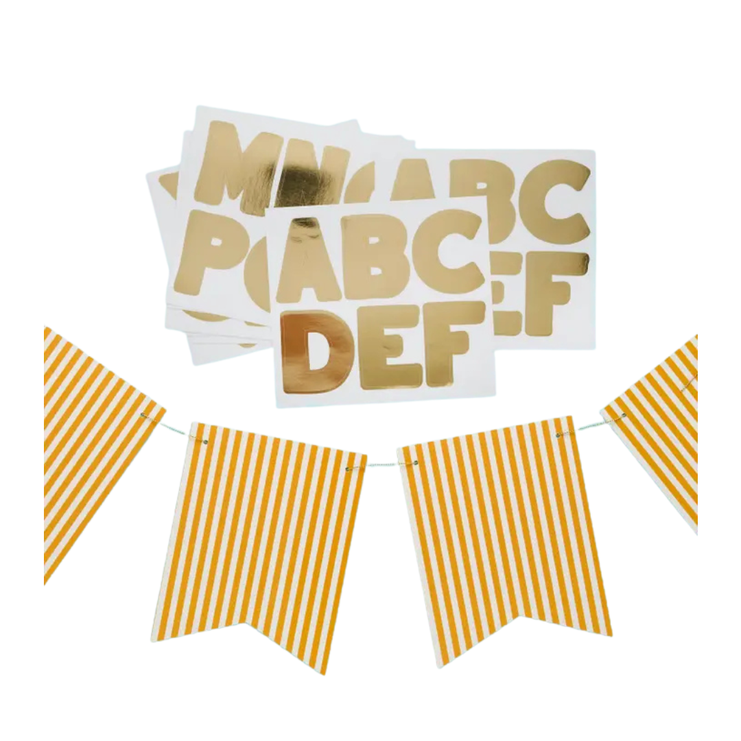 Yellow striped banner and gold alphabet sticker set for birthday from Parte Haus party supply store in Bethesda MD