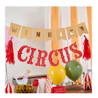 Yellow and red circus theme birthday banner and balloons party decor from Parte Haus party supply store in Bethesda MD
