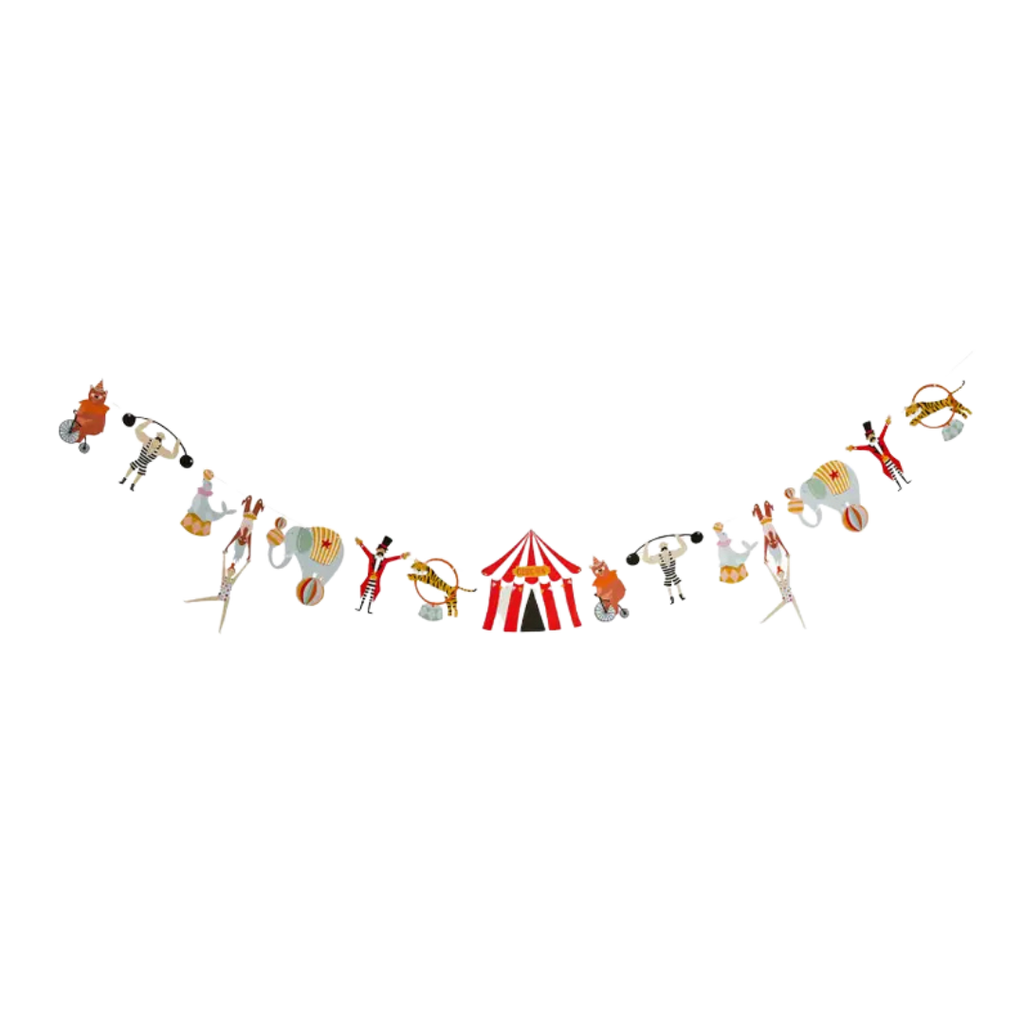 Multicolor circus theme garland with animals and tent decor for birthday from Parte Haus party supply store in Bethesda MD
