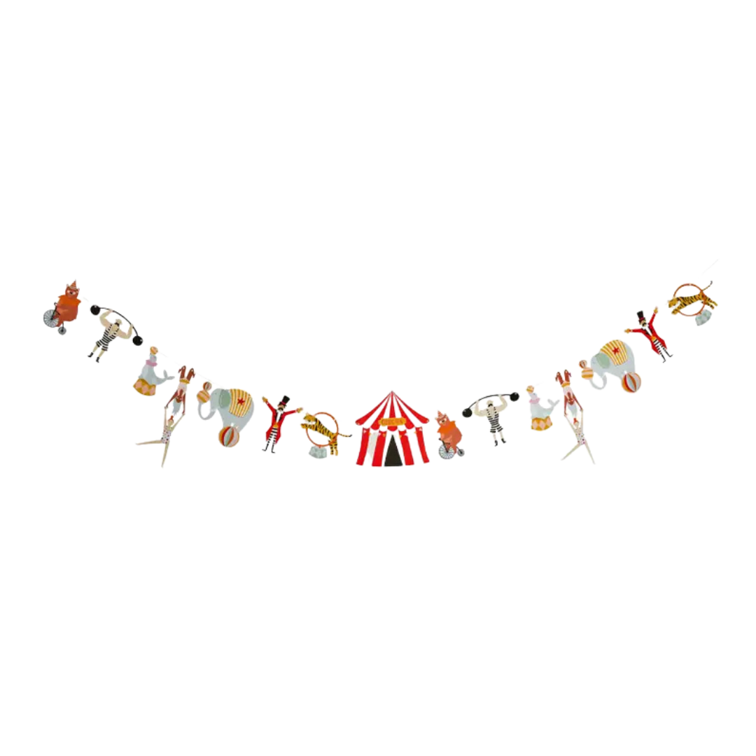 Multicolor circus theme garland with animals and tent decor for birthday from Parte Haus party supply store in Bethesda MD
