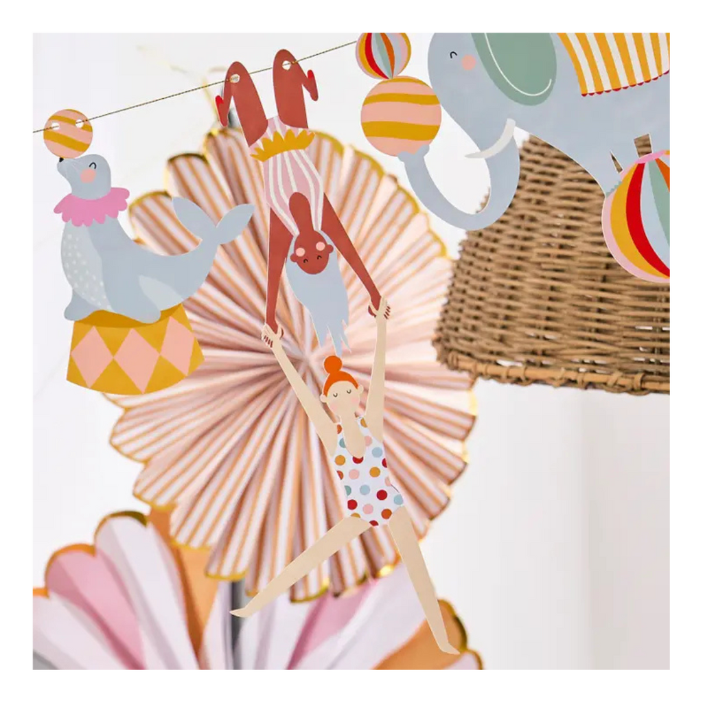 colorful circus garland with acrobats seal and elephant for birthday from Parte Haus party supply store in Bethesda Maryland