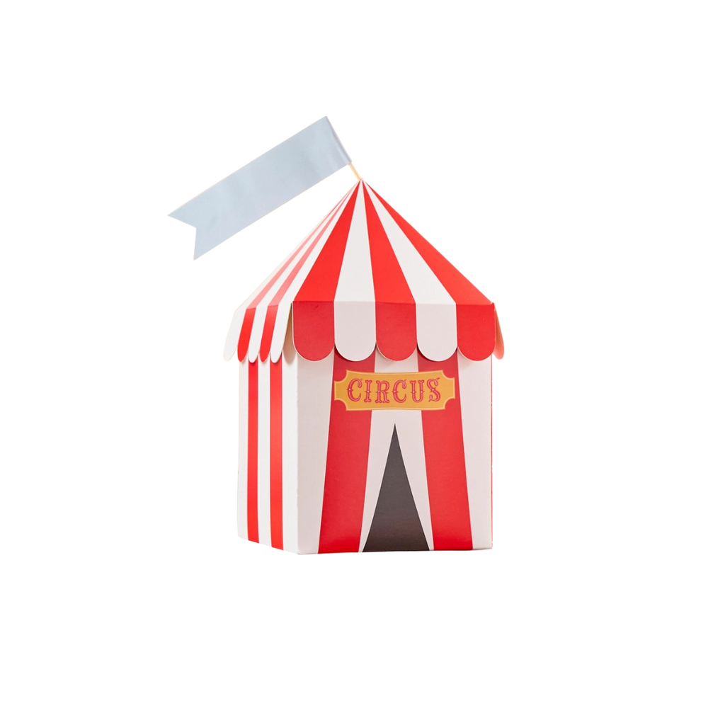 Red and white circus tent favor box for carnival theme from Parte Haus party supply store in Bethesda MD