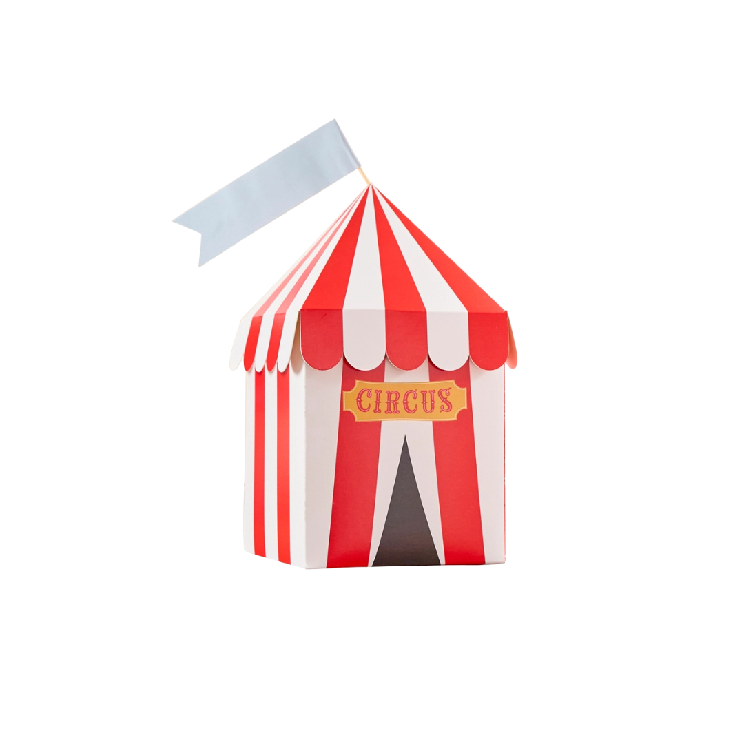 Red and white circus tent favor box for carnival theme from Parte Haus party supply store in Bethesda MD