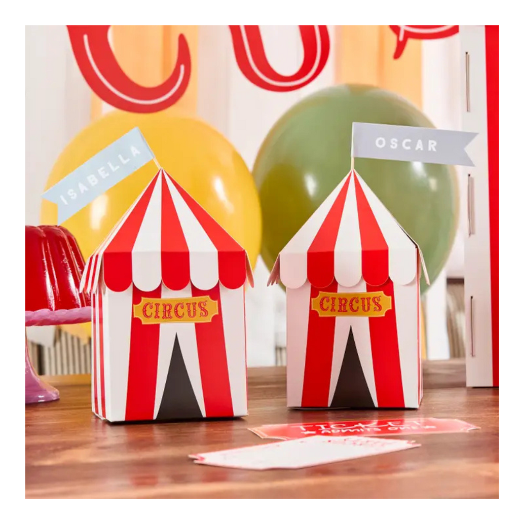 Red and white circus tent favor box with circus theme from Parte Haus party supply store in Bethesda MD
