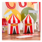 Red and white circus tent favor box with circus theme from Parte Haus party supply store in Bethesda MD