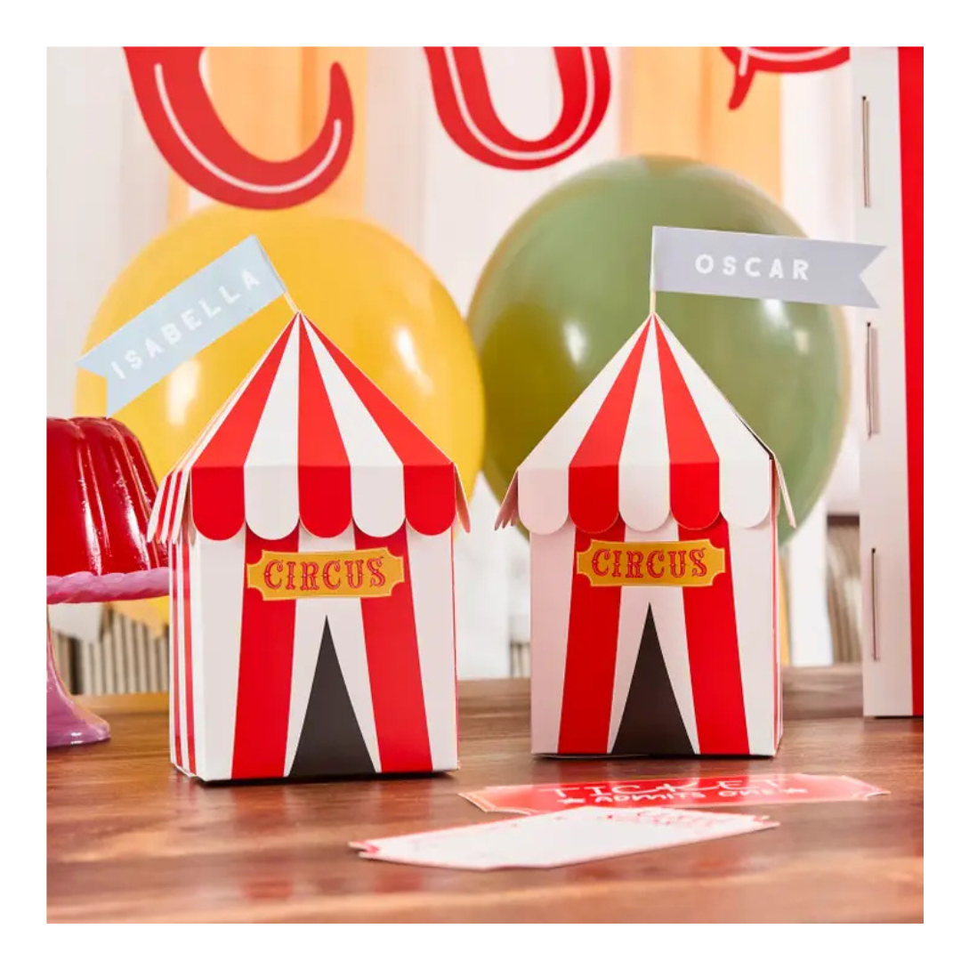 Red and white circus tent favor box with circus theme from Parte Haus party supply store in Bethesda MD