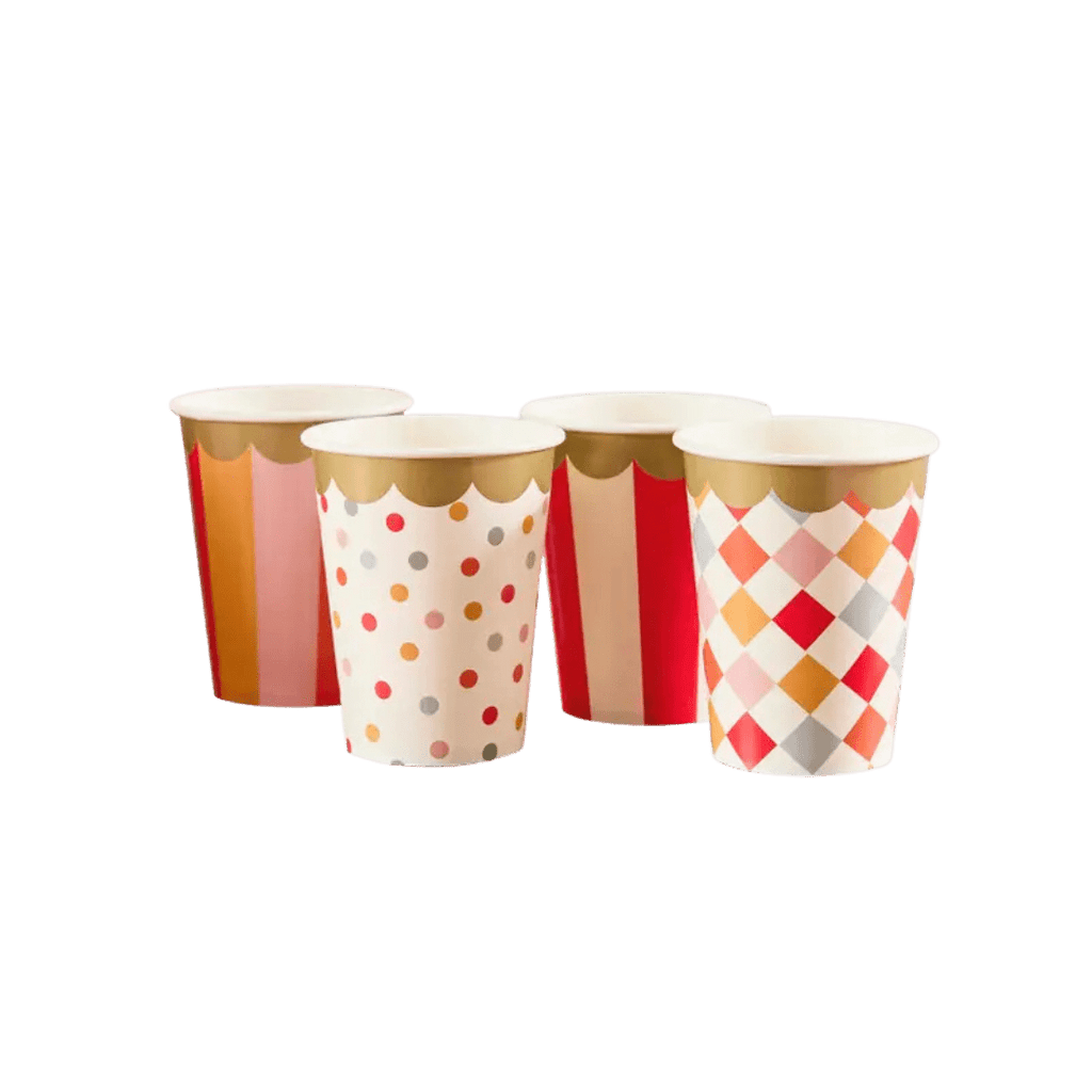 multicolor paper cups set with gold trim festive designs for birthday from Parte Haus party supply store in Bethesda MD